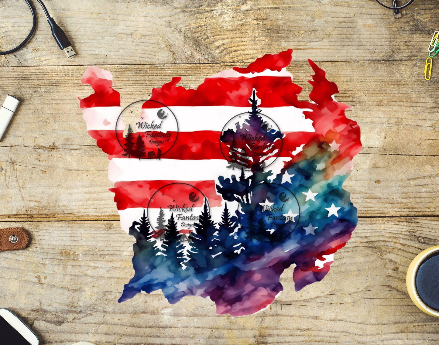 UVDTF Watercolor American Flag and Evergreens