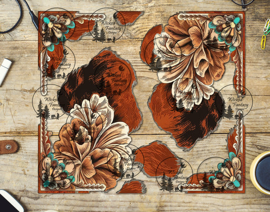 UVDTF Illustrated Cow Print and Tooled Floral Leather 20oz 30oz 10"x10"