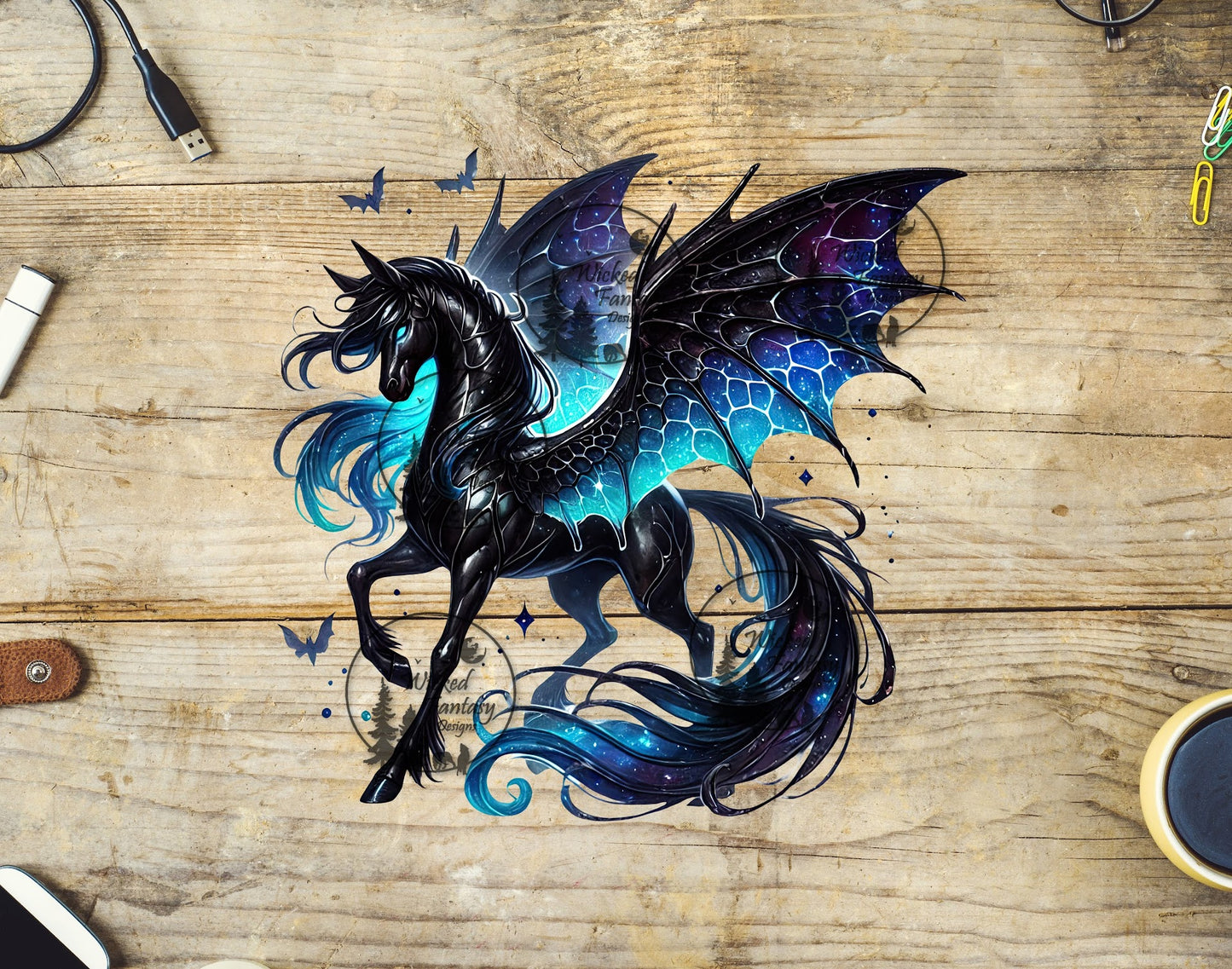 UVDTF Black Pegasus Unicorn with Purple and Aqua Dragon Wings and Bats