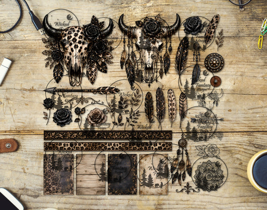UVDTF Gold Leopard Luxe Cow Skulls Multimedia Element Sheet