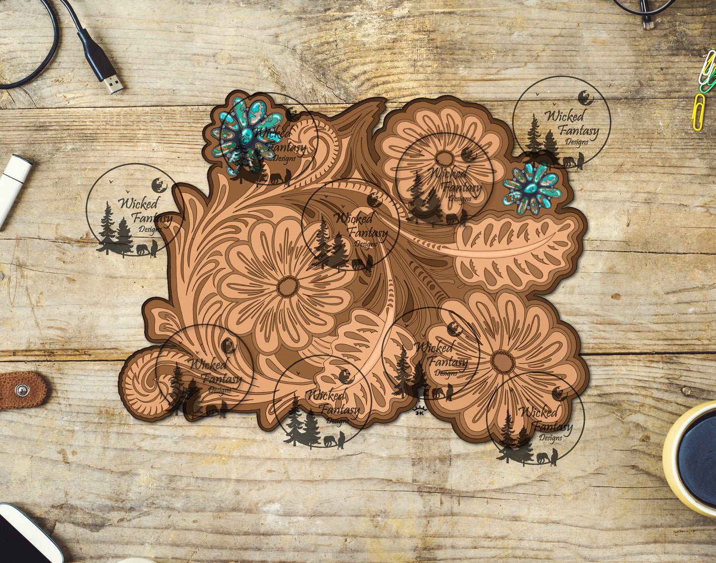 UVDTF Tooled Leather Oakleaf and conchos