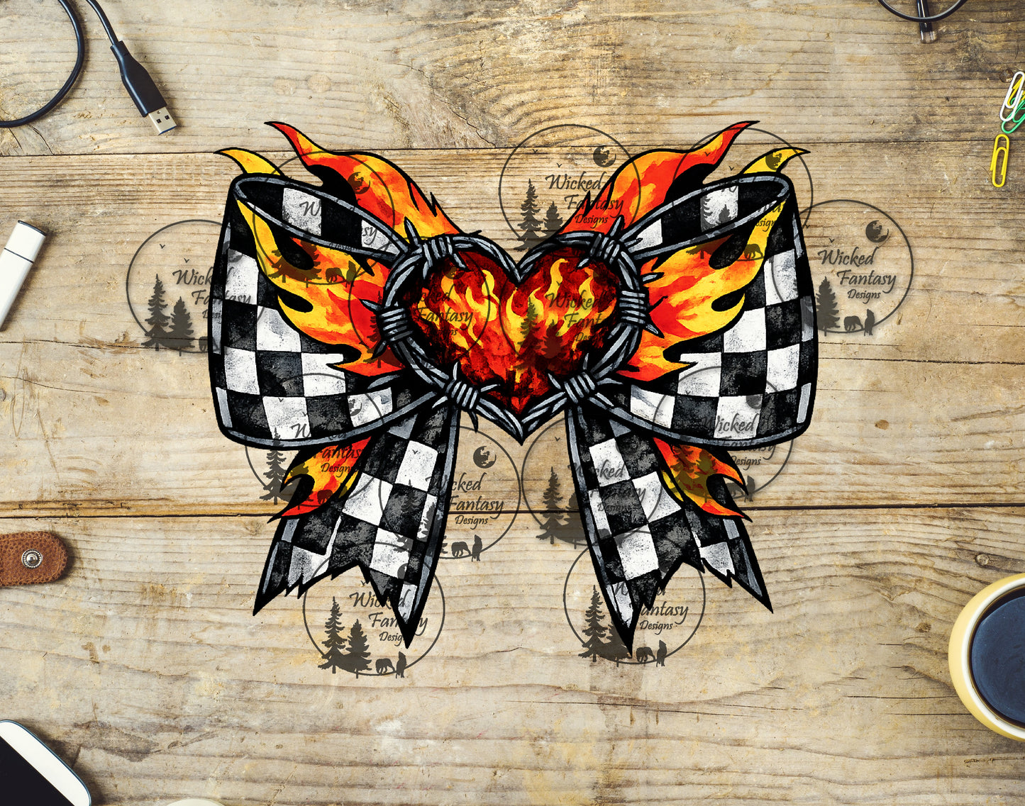 UVDTF Barb Wire Flames Checkered Heart Bow