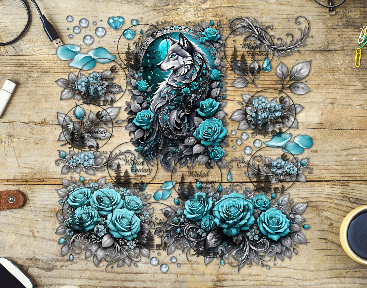 UVDTF Silver Filagree Wolf 12x12" Element Sheet