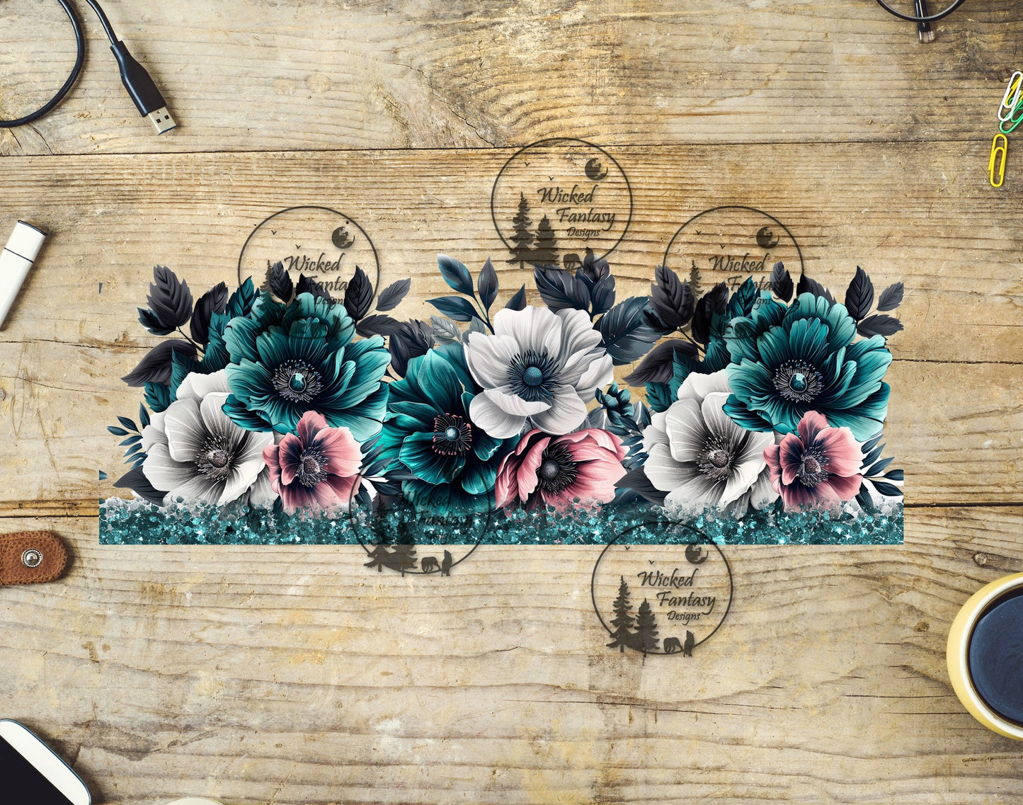 UVDTF Teal Pink and White Flowers 16oz 40oz Tumbler Wrap Element