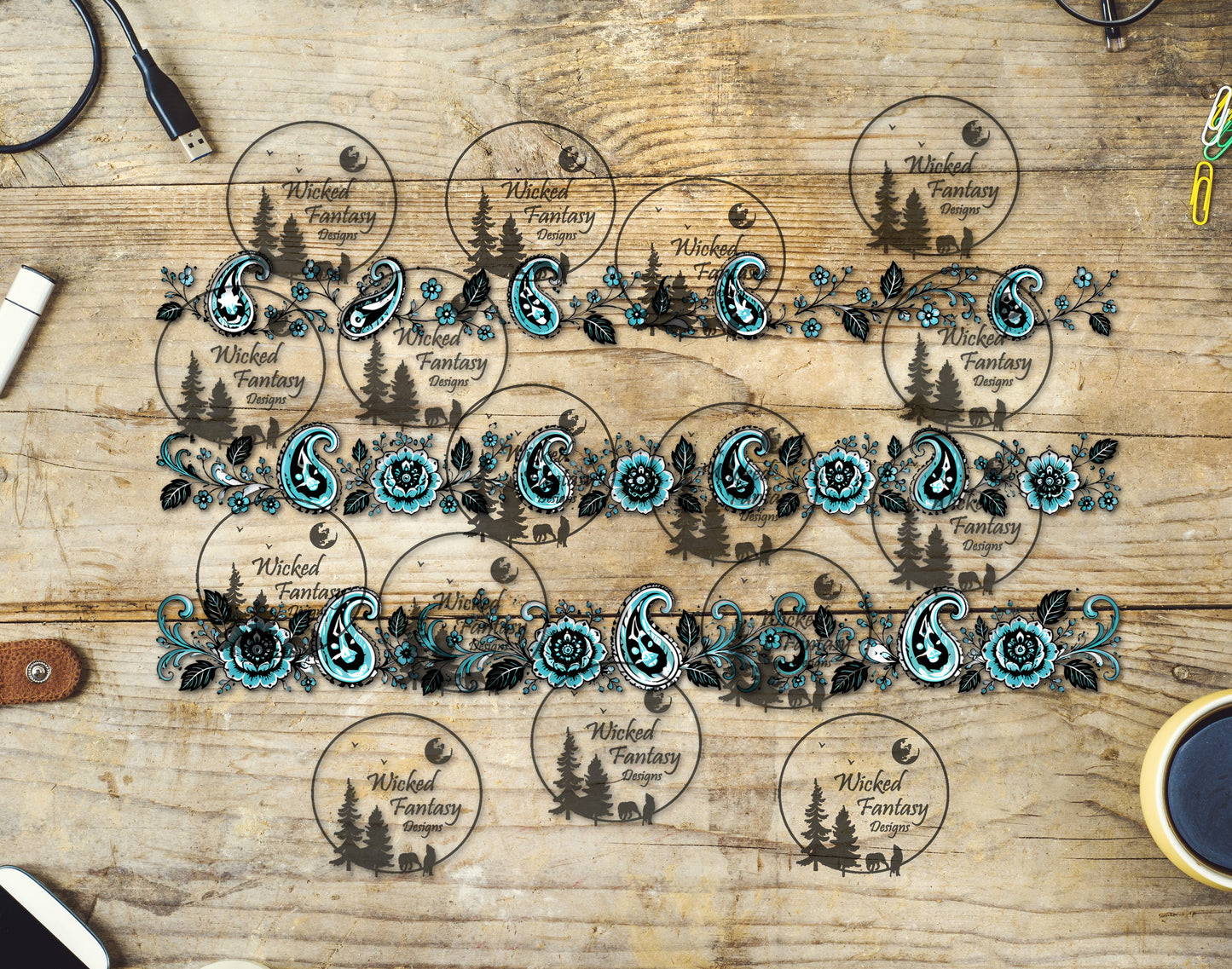 UVDTF Aqua and Black Paisley Floral Border Element