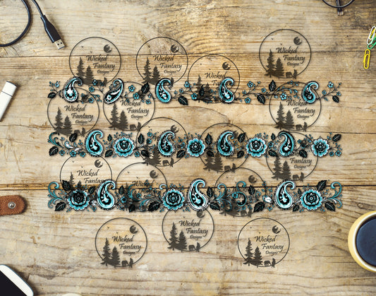 UVDTF Aqua and Black Paisley Floral Border Element