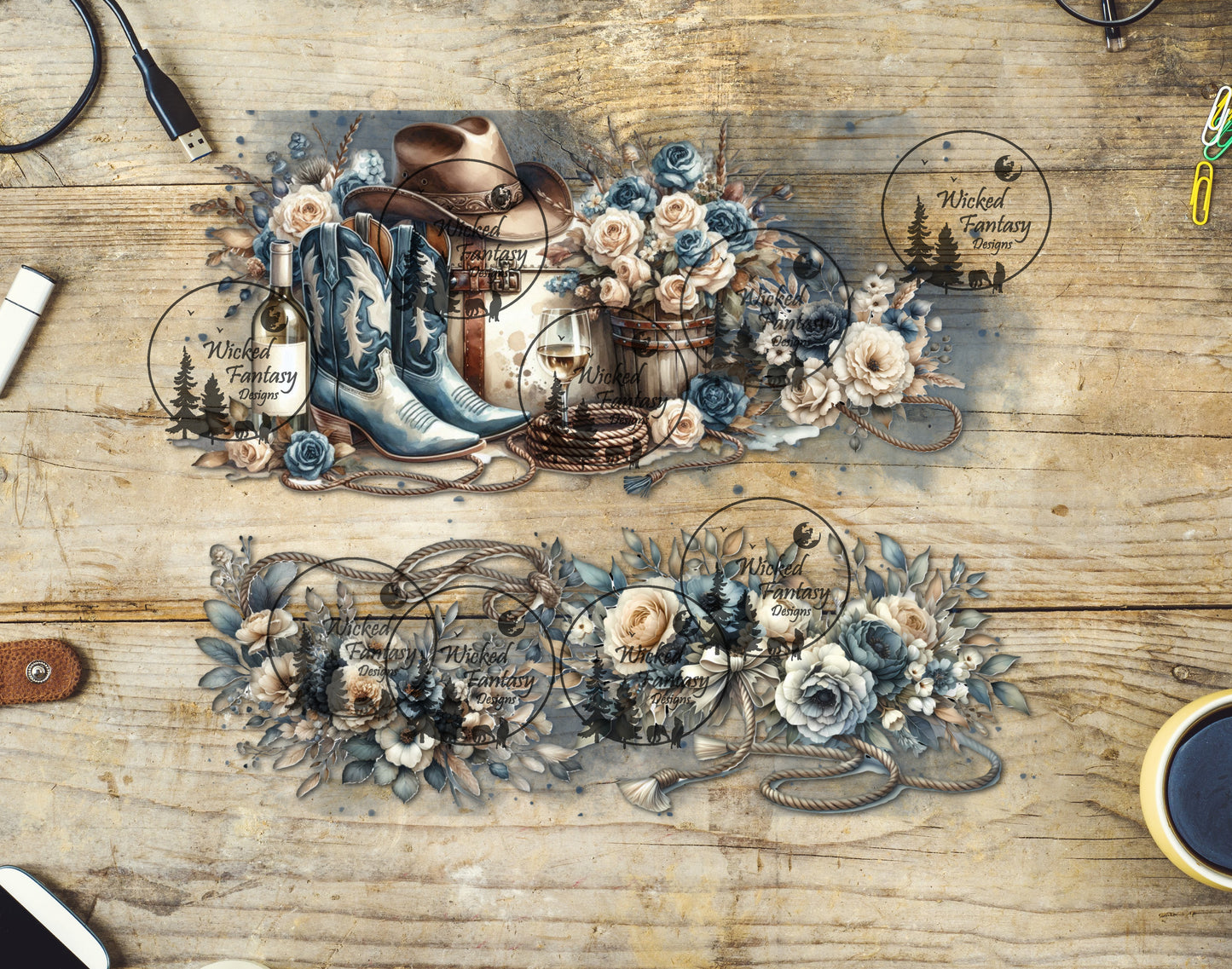 UVDTF Blue and White Cowgirl Boots and Floral 20oz 30oz 10"x10"