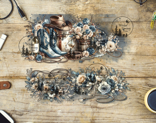 UVDTF Blue and White Cowgirl Boots and Floral 20oz 30oz 10"x10"