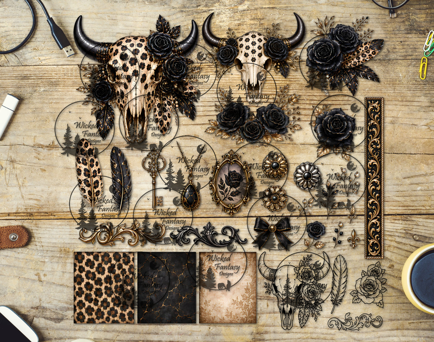 UVDTF Golden Leopard Elegance Cow Skull Multimedia Element Sheet
