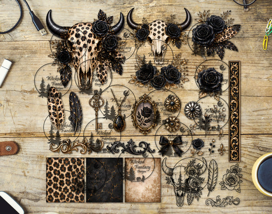 UVDTF Golden Leopard Elegance Cow Skull Multimedia Element Sheet