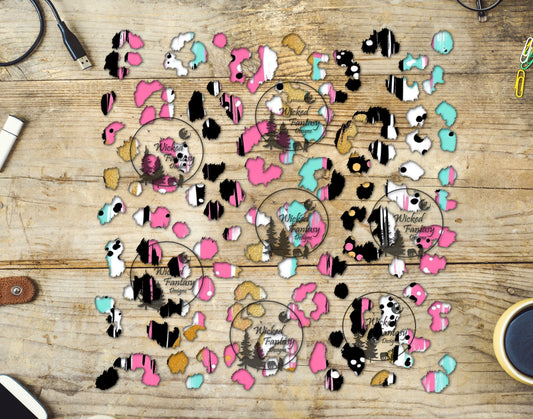 UVDTF Pink Black and Mint Brushstrokes Leopard Print Element 10"x10"