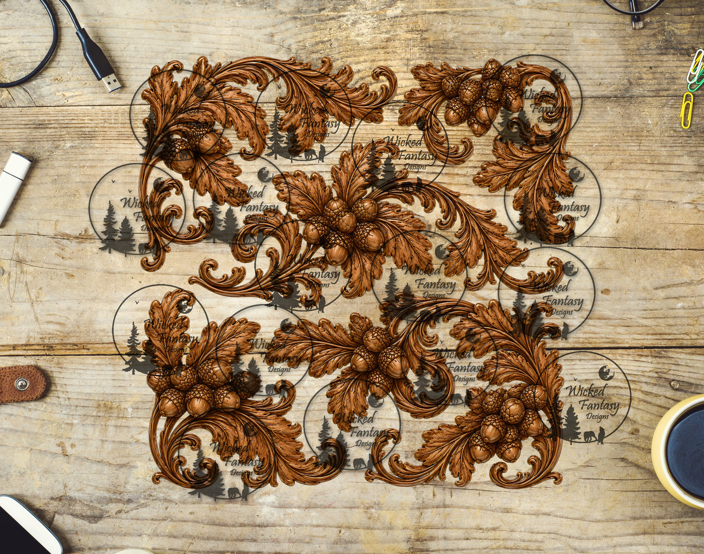 UVDTF Tooled Leather Oak Leaf Scroll 20oz 30oz