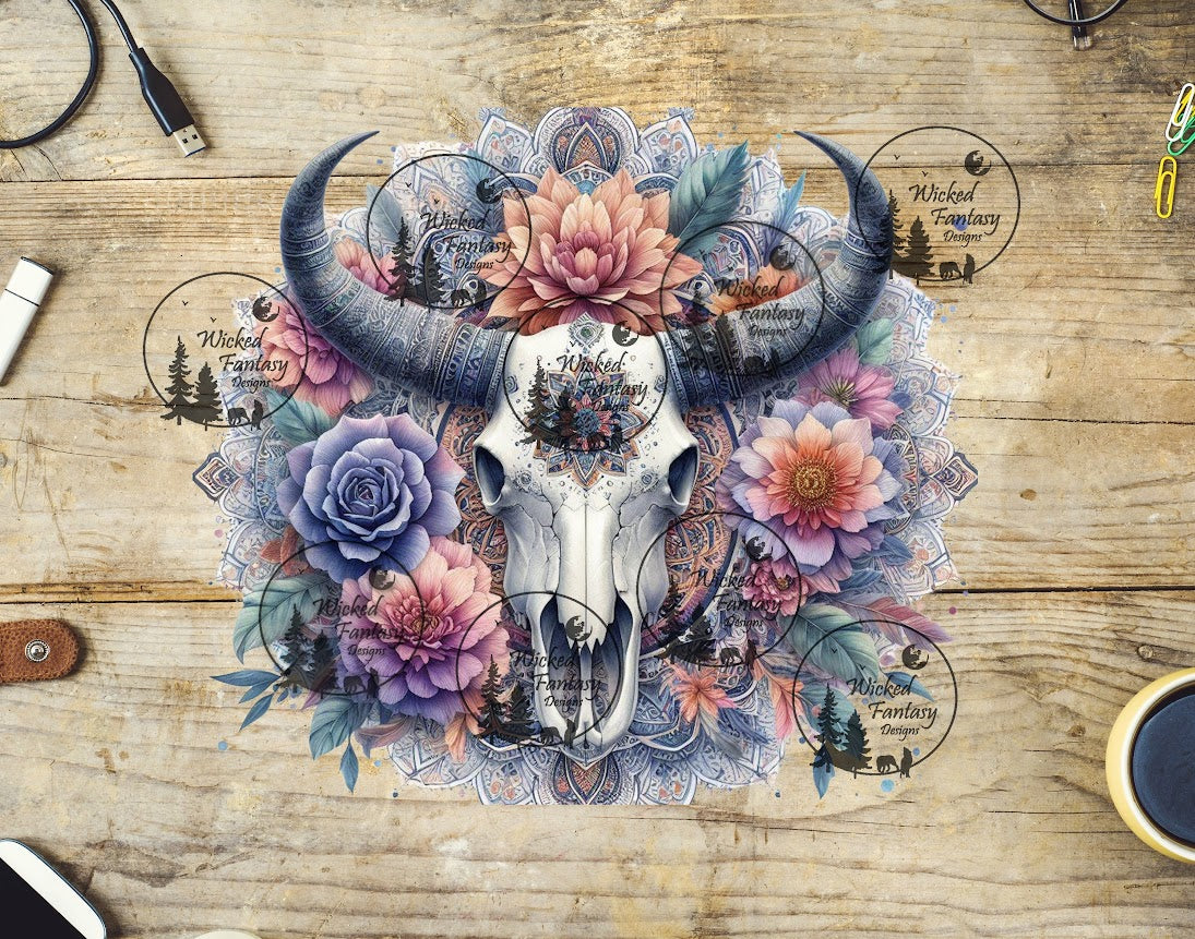 UVDTF Lavender and Purple Floral Mandala Cow Skull