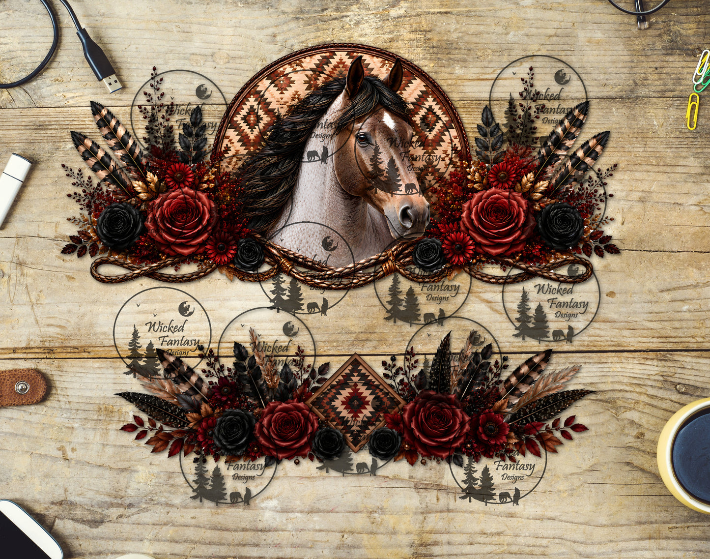UVDTF Red and Black Aztec Horse 40oz 16oz