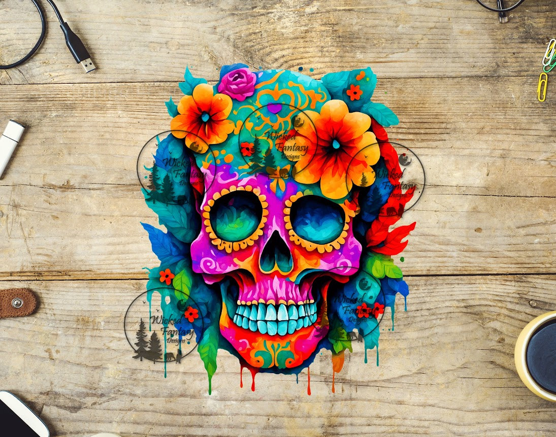 UVDTF Watercolor Pink and Teal Sugar Skull