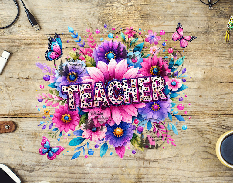UVDTF Teacher with Pink and Purple Flowers and Butterflies