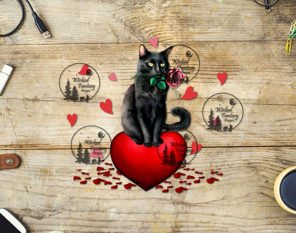 UVDTF Black Cat Sitting on Heart