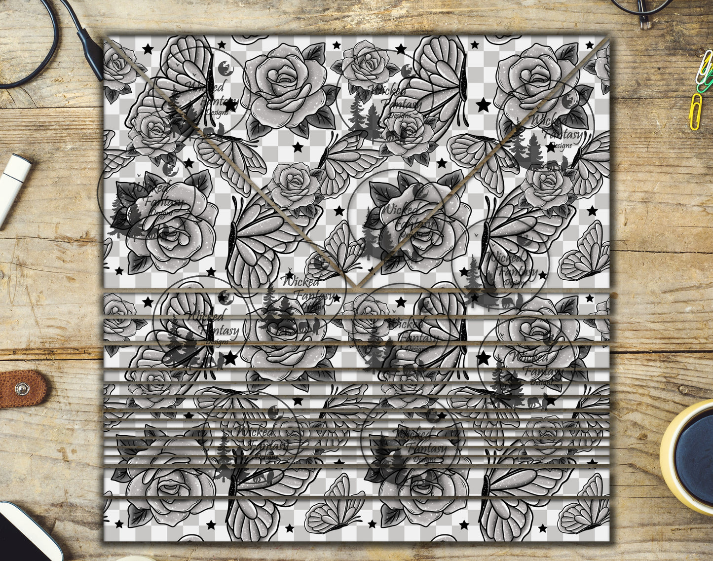 UVDTF Checkered Butterflies and Roses Striping Triangle 20oz 30oz 10"x10" Element Sheet