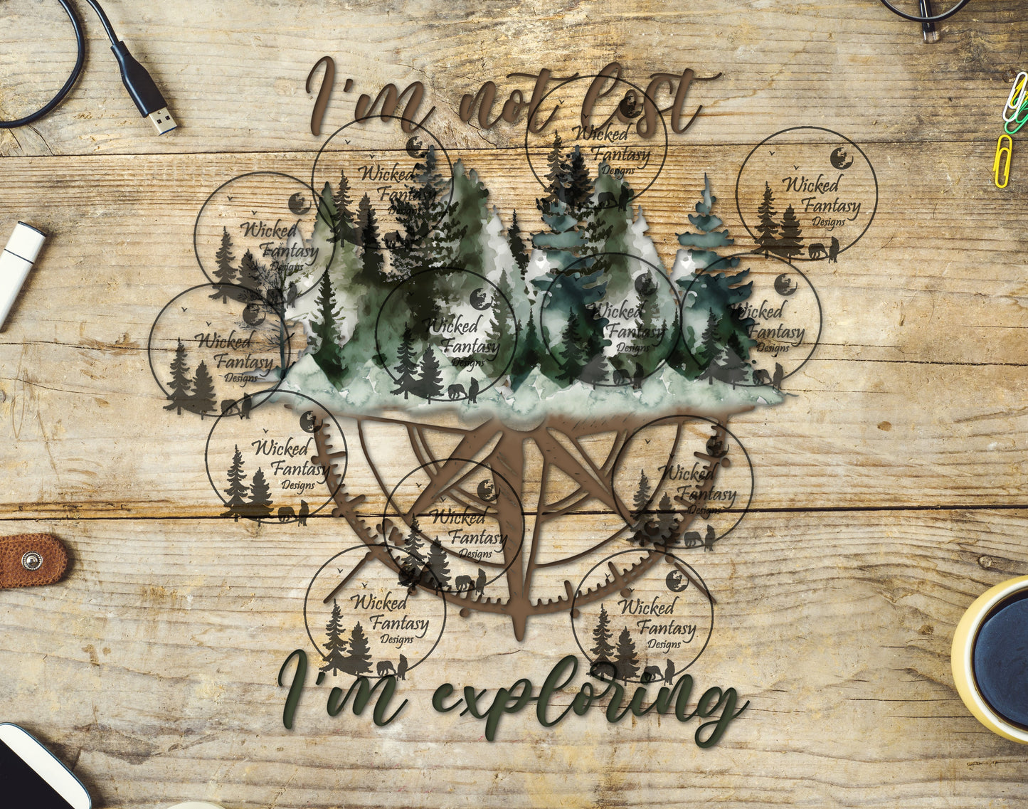 UVDTF Decal I'm Not Lost I'm Exploring Compass Forest Adventure Transparent Background sticker 1pc