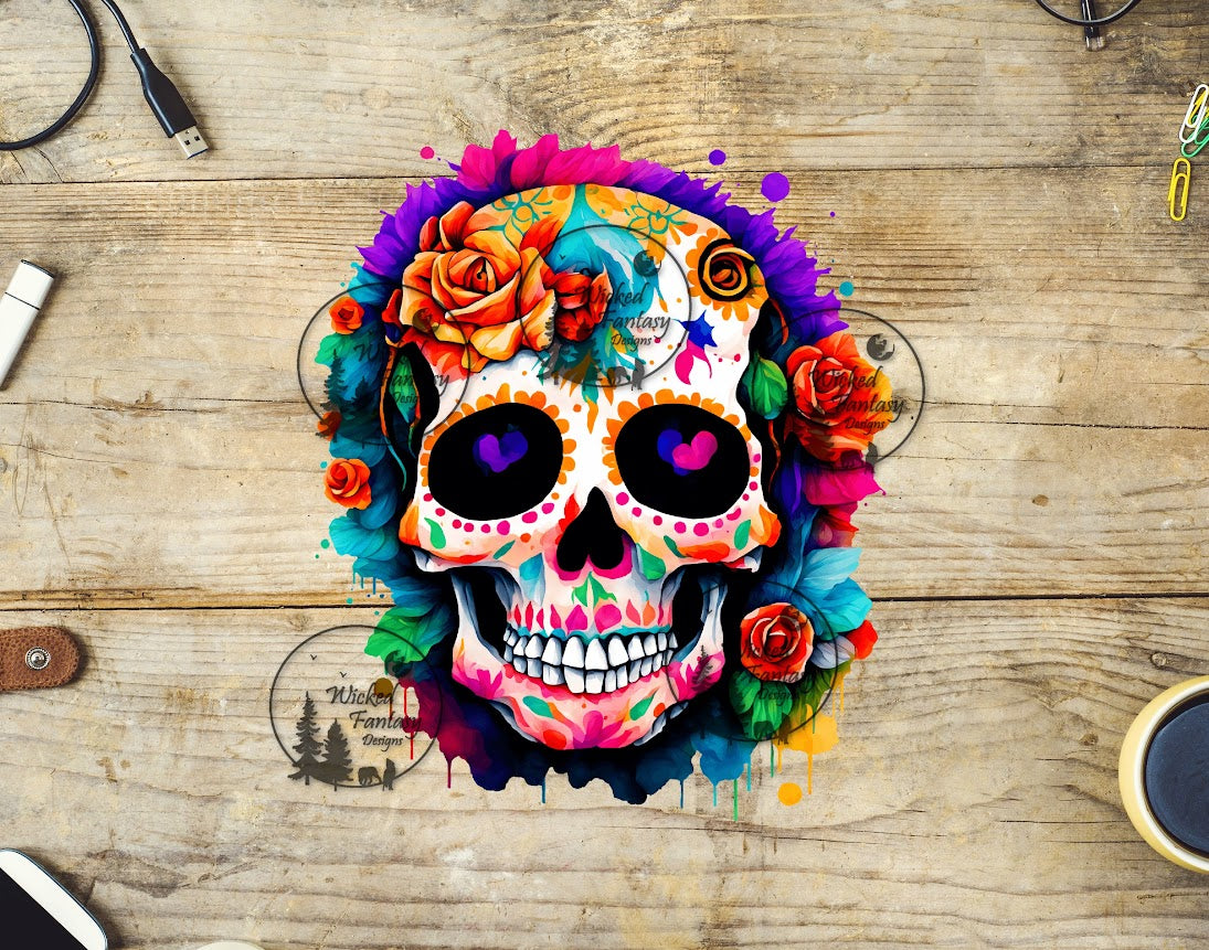 UVDTF Watercolor Sugar Skull with Orange Rose