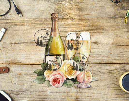 UVDTF White Wine Bottle and Wine Glass with Roses