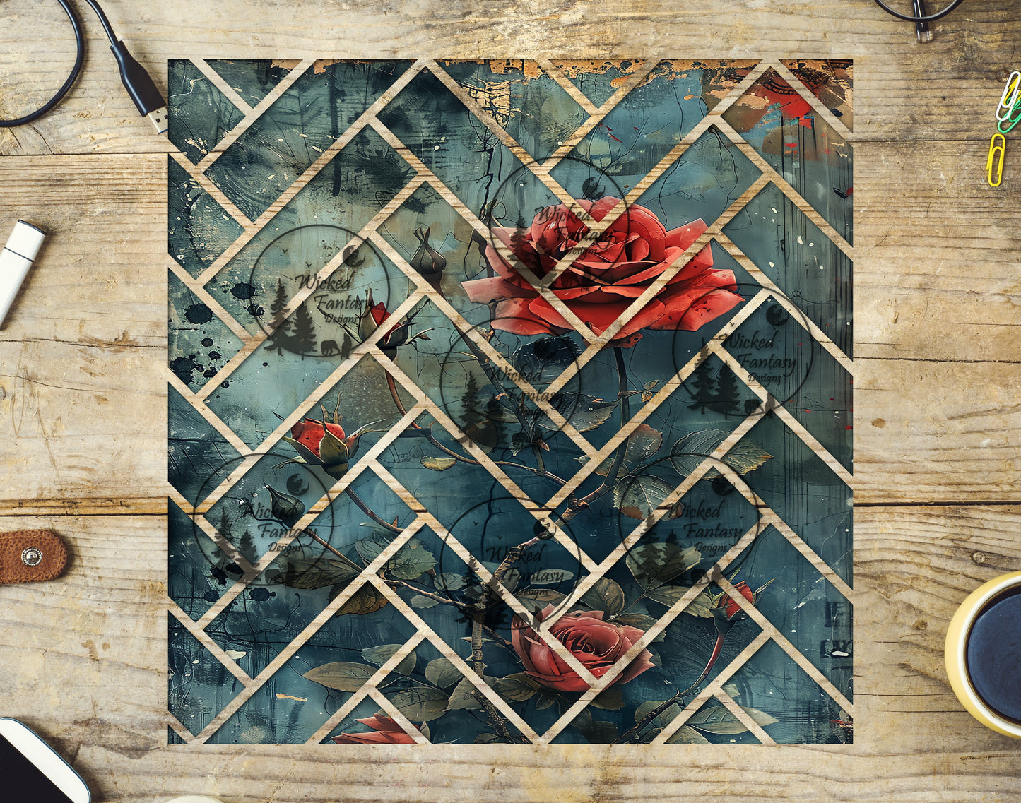 UVDTF Red Roses and Teal Herringbone 20oz 30oz 10"x10"