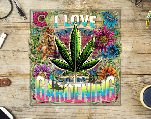 A colorful decal with a floral and gardening theme, featuring a prominent green marijuana leaf