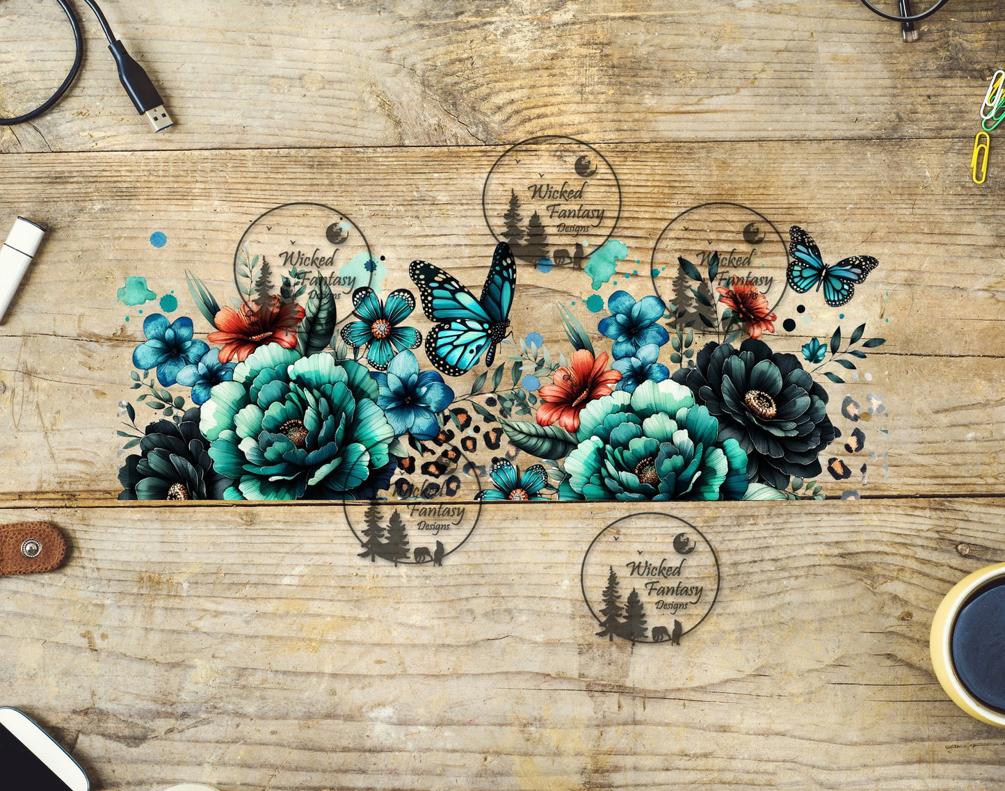 UVDTF Teal Flowers and Butterflies 16oz 40oz Tumbler Wrap Element