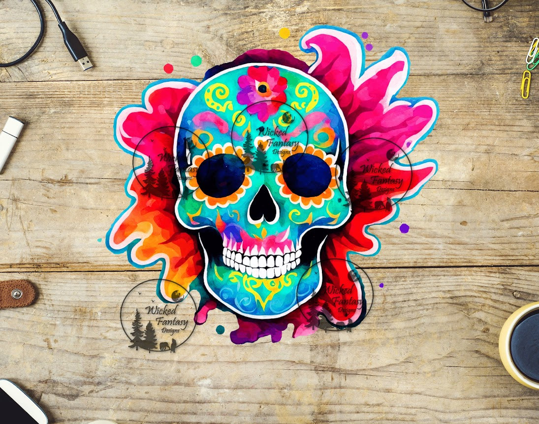 UVDTF Watercolor Teal Sugar Skull