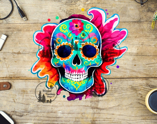 UVDTF Watercolor Teal Sugar Skull