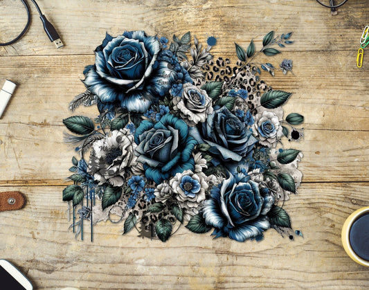 UVDTF Teal Roses and Leopard Print Floral Arrangement