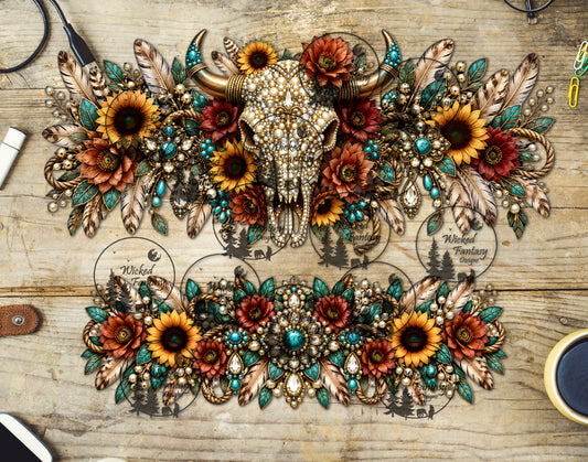 UVDTF Sunflower Rhinestone Cow Skull 40oz 16oz