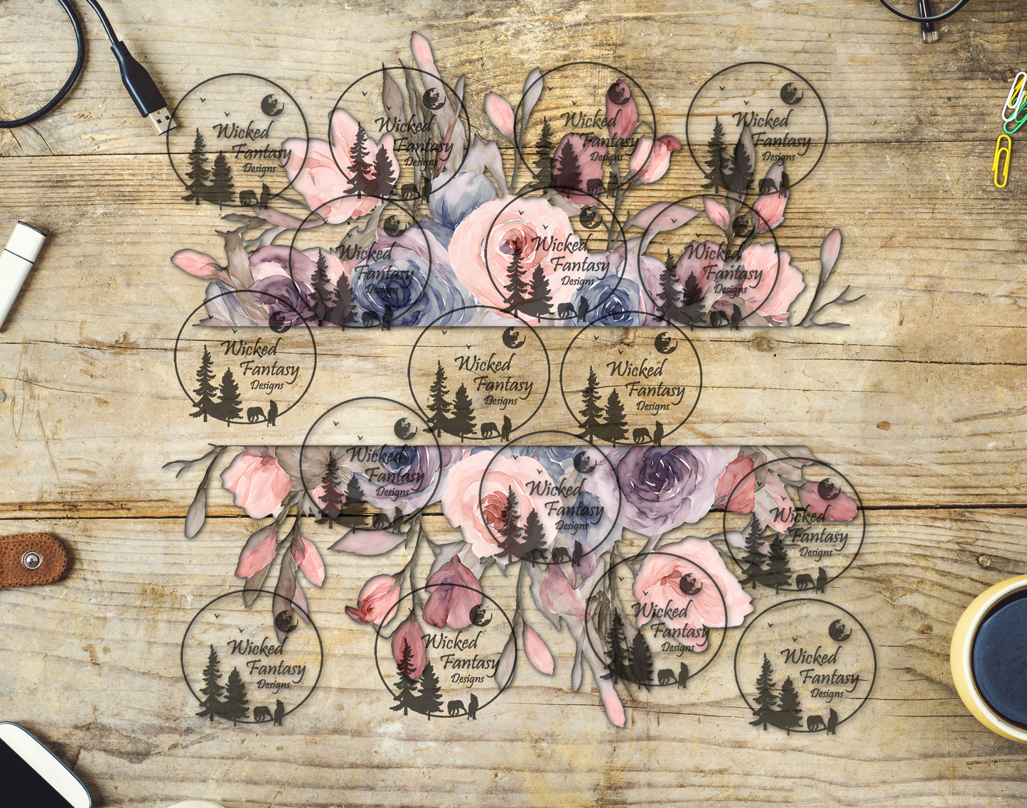 UVDTF Pale Pink and Lilac Flowers Border Elements