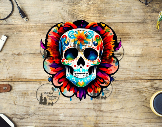 UVDTF Watercolor Sugar Skull Orange Purple and Teal