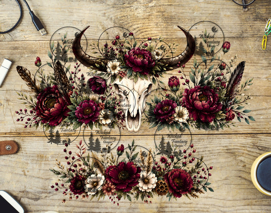 UVDTF Burgundy and Ivory Floral Cow Skull 40oz 16oz