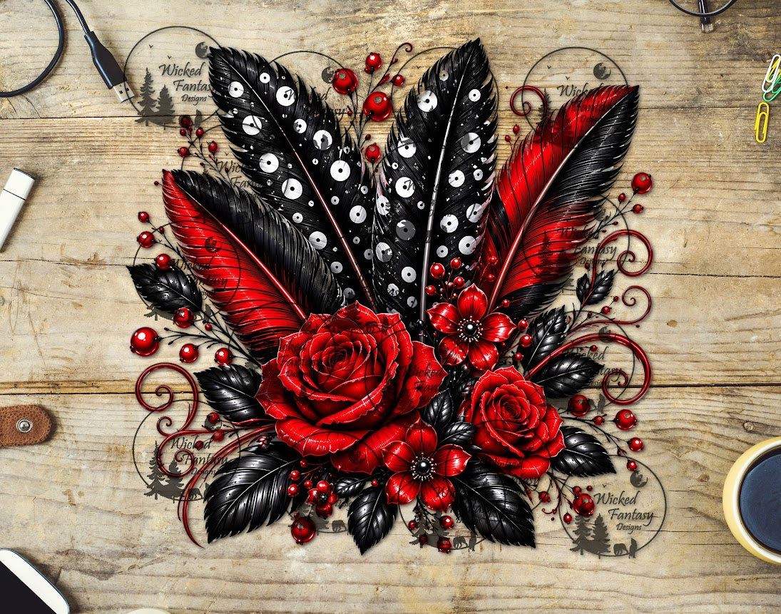 UVDTF Red Black Polka Dot Feathers and Rose Floral Arrangement