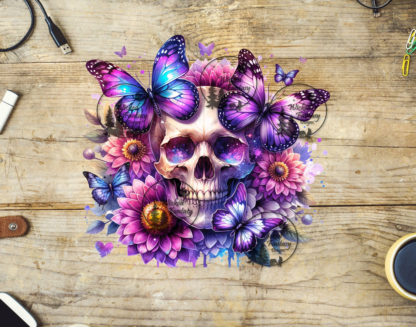 UVDTF Skull with Pink and Purple Butterflies