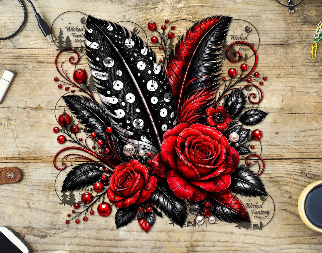 UVDTF Red Black Polka Dot Feathers and Roses