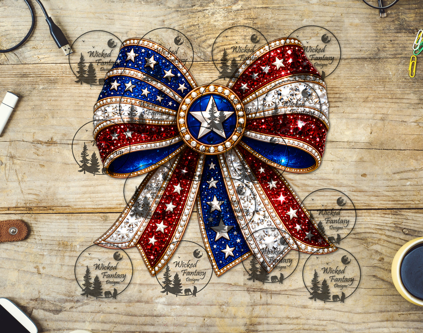 UVDTF Faux Rhinestone Patriotic Bow