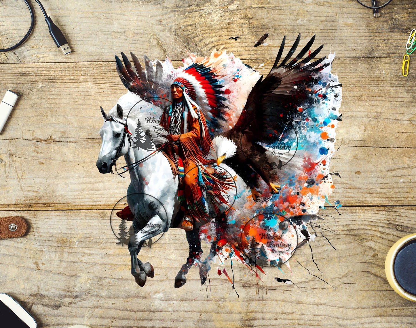 UVDTF Native American Riding White Horse with Eagle Flying Behind