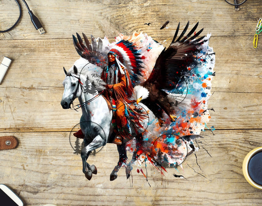 UVDTF Native American Riding White Horse with Eagle Flying Behind