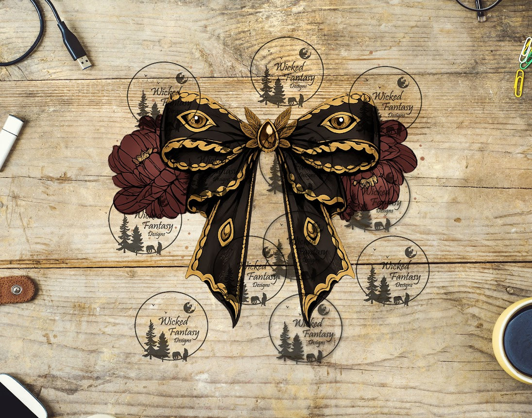 UVDTF Black Gold and Burgundy Moth Bow