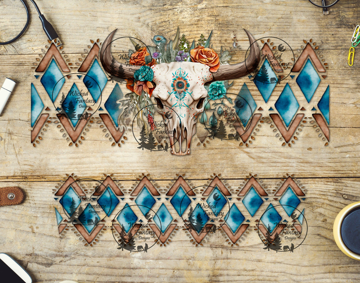 UVDTF Boho Cow Skull with Border  16oz 40oz Tumbler Wrap