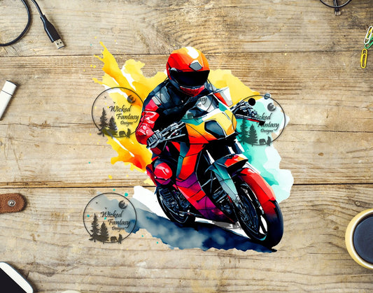 UVDTF Watercolor Red Orange Motorcycle