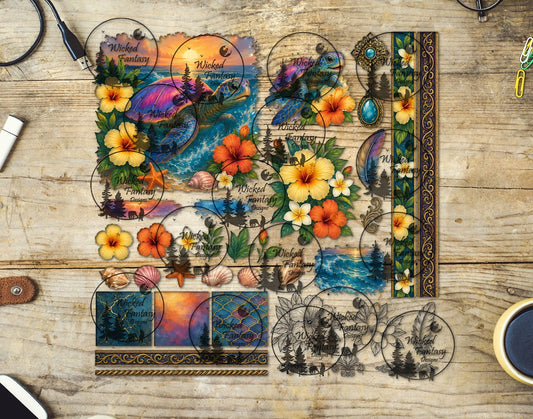 UVDTF Sunset Florals Sea Turtle Multimedia Element Sheet
