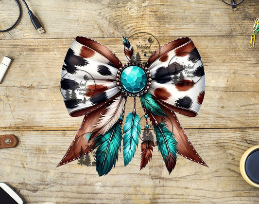 UVDTF Cow Print Bow with Concho and Feathers