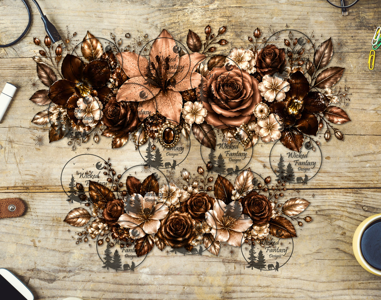 UVDTF Chocolate and Taupe Floral 40oz 16oz