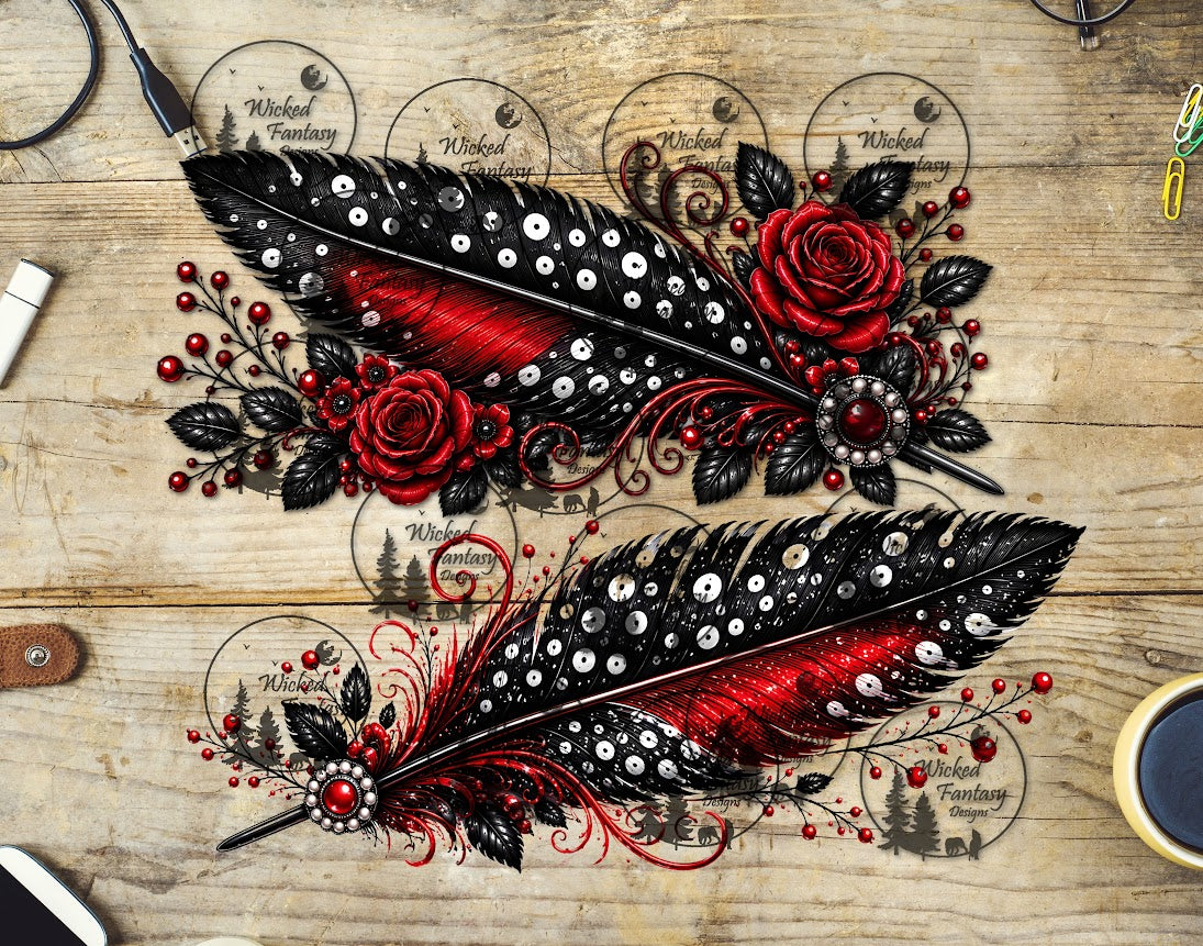 UVDTF Red and Black Polka Dot Feathers