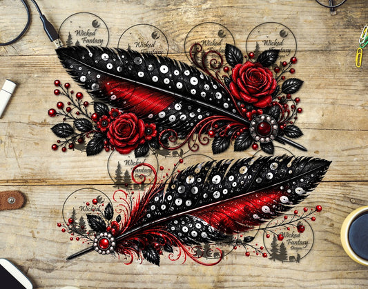 UVDTF Red and Black Polka Dot Feathers