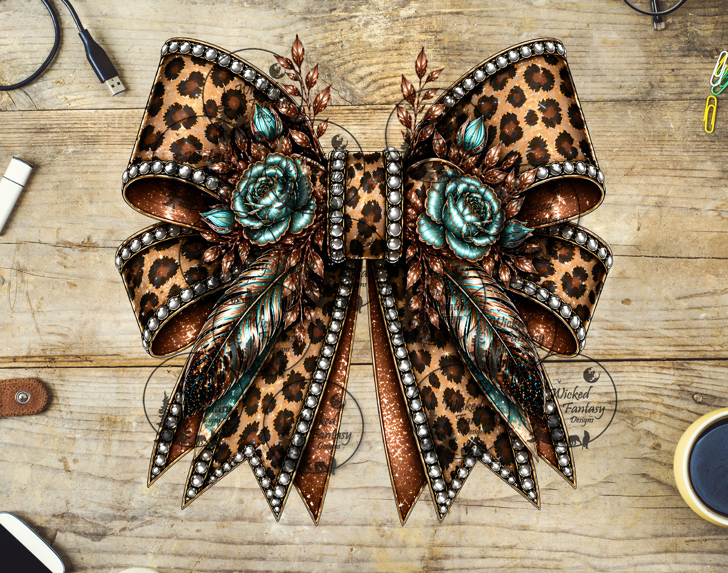 UVDTF Leopard Print and Aqua Floral Bow